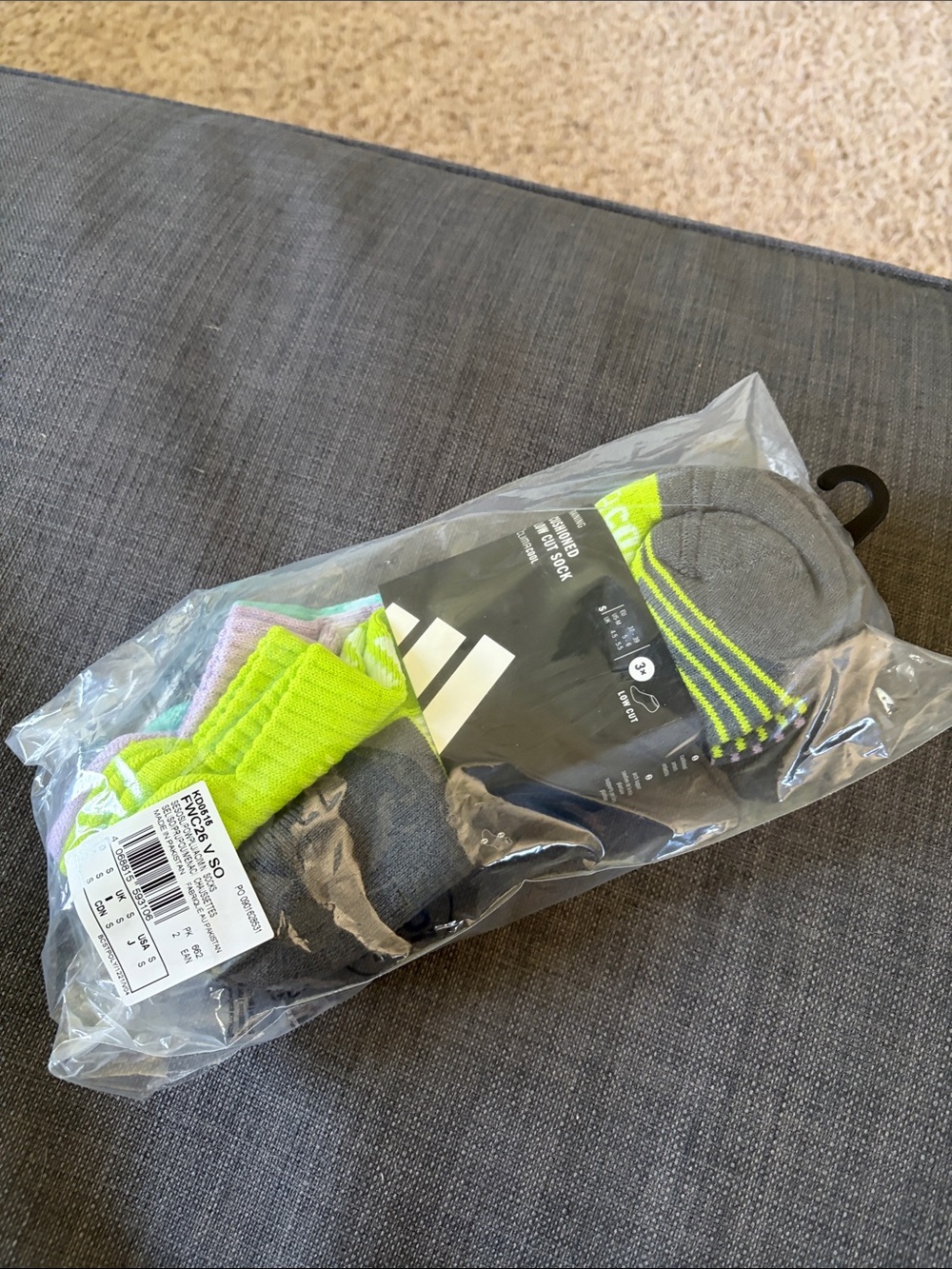 adidas women’s No-Show Athletic Socks in Gray, Lavendar. Neon Green